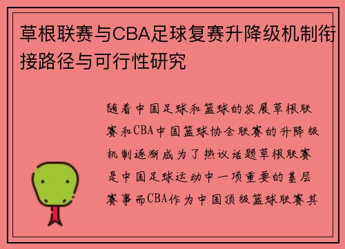 草根联赛与CBA足球复赛升降级机制衔接路径与可行性研究