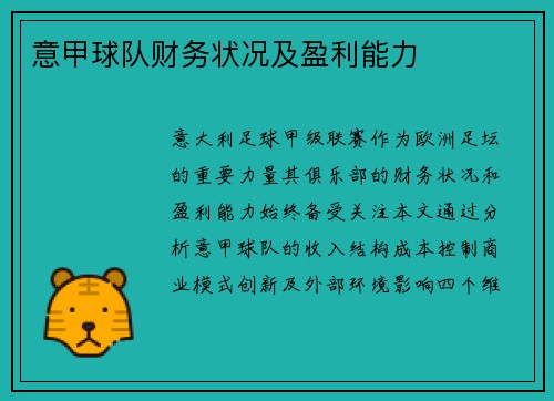 意甲球队财务状况及盈利能力